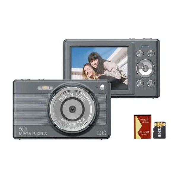 1080P Digital Camera Digital Video Camera Camcorder 56MP 2.88 Inch IPS Screen with 32GB Memory Card 1pc Batterie for Kid Teen, Black