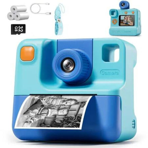 1080P Instant Print Camera for Kids,HD Digital Video Cameras with 3 Print Paper & 32G Card Gifts for Girls Boys Age 3-12 (Bue)