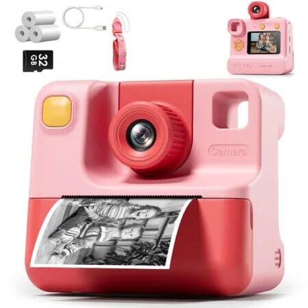 1080P Instant Print Camera for Kids,HD Digital Video Cameras with 3 Print Paper & 32G Card Gifts for Girls Boys Age 3-12 (Pink)