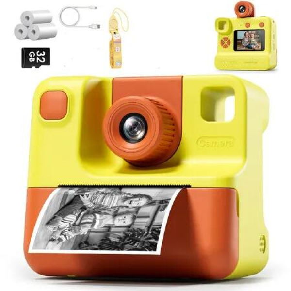 1080P Instant Print Camera for Kids,HD Digital Video Cameras with 3 Print Paper & 32G Card Gifts for Girls Boys Age 3-12 (Yellow)