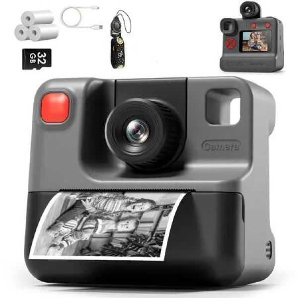 1080P Instant Print Camera for Kids,HD Digital Video Cameras with 3 Rolls Print Paper & 32G Card for Christams Gifts-Black