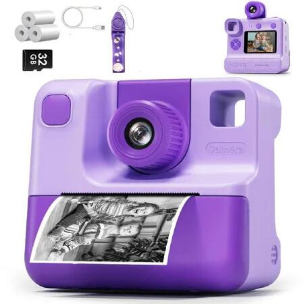 1080P Instant Print Camera for Kids,HD Digital Video Cameras with 3 Rolls Print Paper & 32G Card for Christams Gifts-Purple