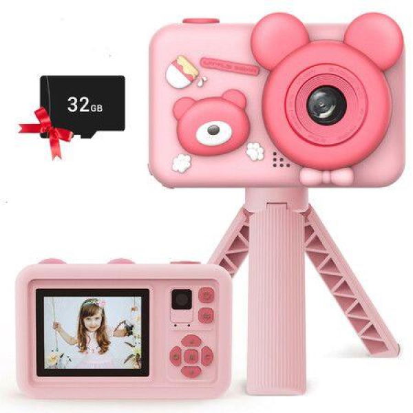 1080P Selfie Camera HD Digital Video Camera for Toddlers, Kids Toy Camera with Tripod and 32GB Card(Pink)