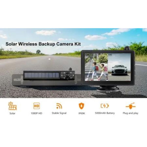 1080P Solar Wireless Backup Camera with 5in Monitor 5000mAh Rechargeable Battery Waterproof IR Night Vision 2 Camera Support for Car RV Trailer Camper