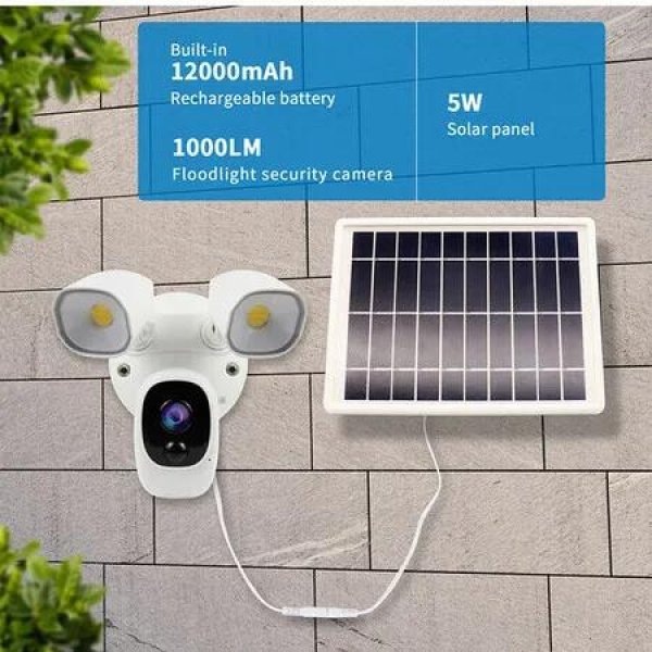 1080p WiFi Wireless Floodlight Camera Solar Panel Powered Wire-free Battery IP Camera with Color Night Vision, PIR Motion Detection