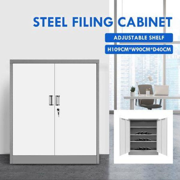 109cm Metal Filing Cabinet 2 Door 4 Shelves Office Stationary Lockable File Cupboard