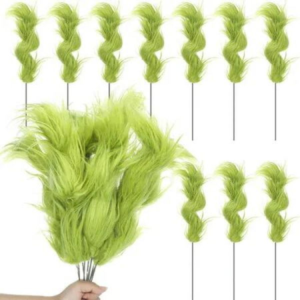 10PCS Grinch Green Furry Cuttings Curly Christmas Tree Branches Decoration Ideal For Christmas Vase Decorations And Festive Events