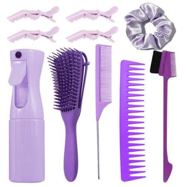 10pcs Hair Brush Comb Set Kit,Detangling Hair Comb,Hair Styling Comb,Hairdressing Spray Bottle,Hair Clips,Suitable For Daily Travel Use Color Purple