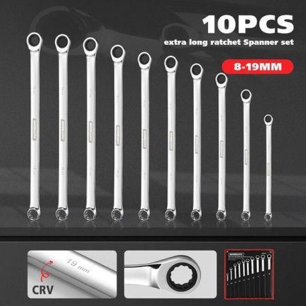 10pcs Wrench Spanner Set Metric Ratchet 72 Tooth Gear Double Ring Cr-V Steel Hand Ratcheting Tool Kit