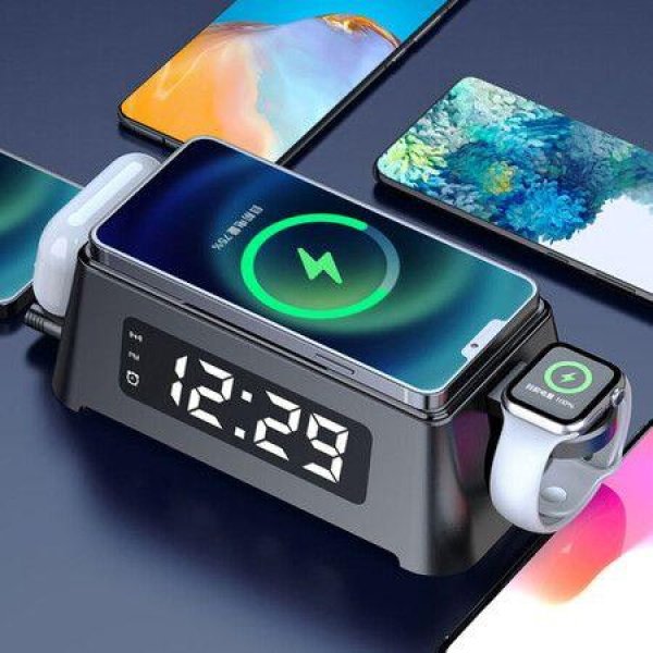 10W Alarm Clock Wireless Charger Pad For IPhone 13 12 Pro 11 XS Max 8 Plus Charger For Apple Watch 6 5 4 3/AirPods 2/Pro Dock.