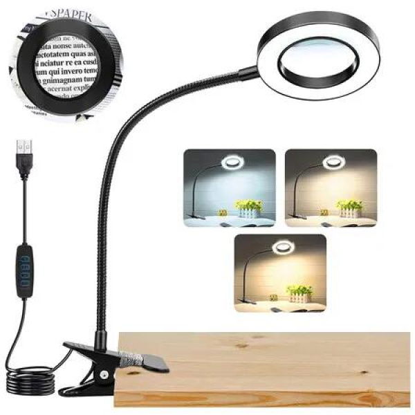 10X Magnifying Glass with Light, Clip on Mganifier with Light, 48 LED Desk Magnifying Glass wtih Clamp for Bed Work Crafts DIY Repair, Black