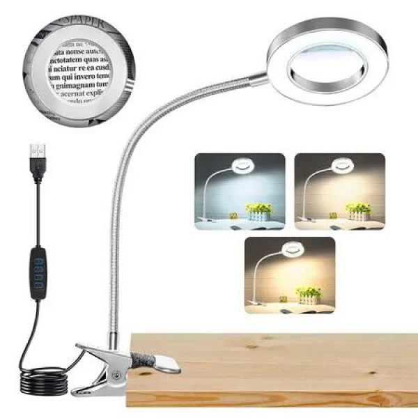 10X Magnifying Glass with Light, Clip on Mganifier with Light, 48 LED Desk Magnifying Glass wtih Clamp for Bed Work Crafts DIY Repair, Silver