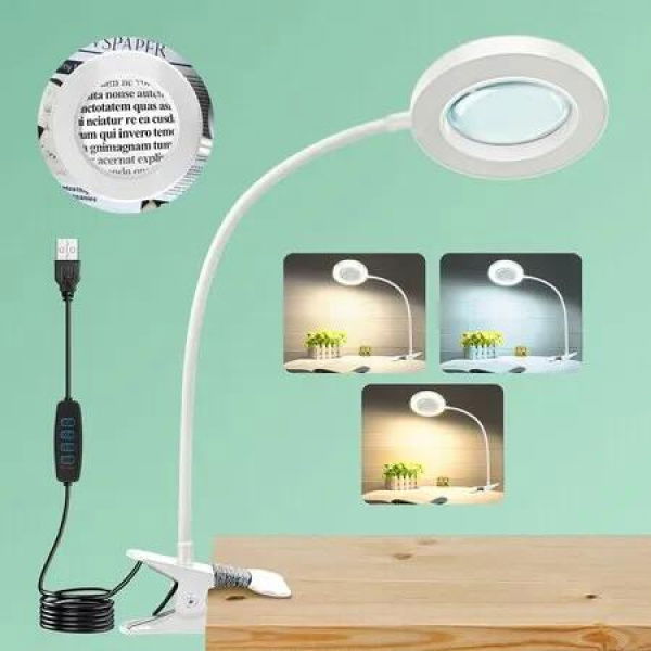 10X Magnifying Glass with Light, Clip on Mganifier with Light, 48 LED Desk Magnifying Glass wtih Clamp for Bed Work Crafts DIY Repair, White