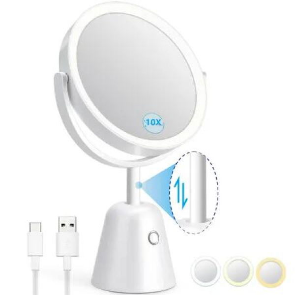 10X Magnifying Mirror with Light,Light Up Mirror 3 Light Colors Dimmable Rechargeable Vanity Mirror,8.5 Lighted Makeup Mirror with Magnification