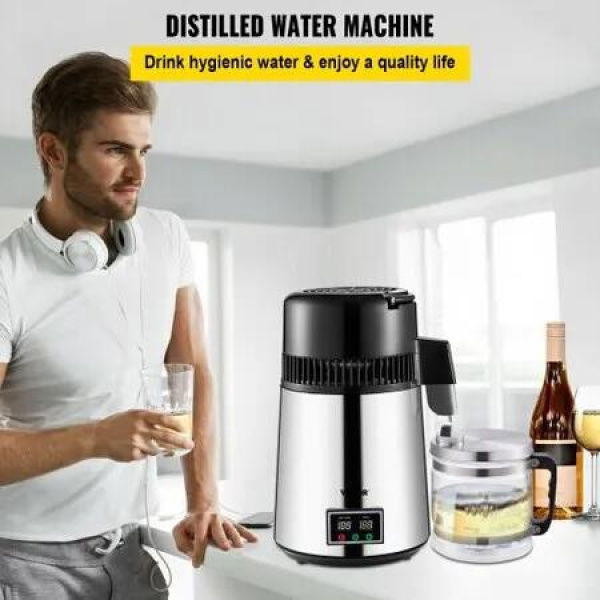 1.1 Gal Water Distiller, 0.3 Gal/H, 750W Distilled Water Maker Machine 0-99H Timing Set Temp Display, 304 Stainless Steel Countertop Distiller Glass Carafe Cleaning Powder 3 Carbon Packs, Silver