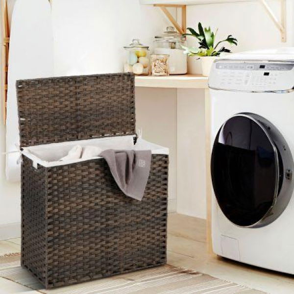 110L PE Rattan Laundry Basket With Lid & Handles & 3-Section Liner Bag.