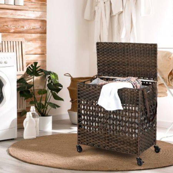110L Rolling Synthetic Rattan Laundry Hamper With Lid & 2 Removable Liner Bags.