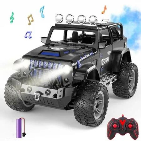 1:16 Remote Control Car with Spray,Lights and Sound 2.4GHz Remote Control Truck for Boys and Girls,All Terrain Off-Road RC Car Jeep Toys Gift(Black)