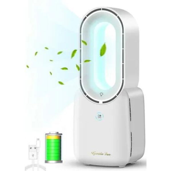 11.8' Portable Bladeless Cooling Fan with 4 Speeds, 5 LED Light Colors, and Touch Control for Home, Bedroom, and Office (White)