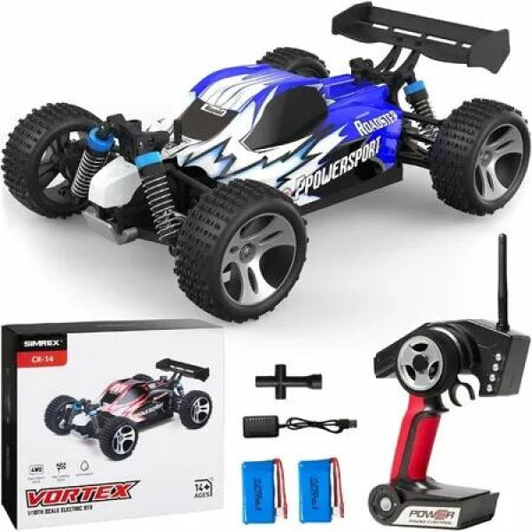 1:18 Scale All-Terrain Remote Control Car,45 km/h,4WD with 2.4 GHz Remote Control,RC Car with 2 Rechargeable Batteries,Gift for Children,Blue