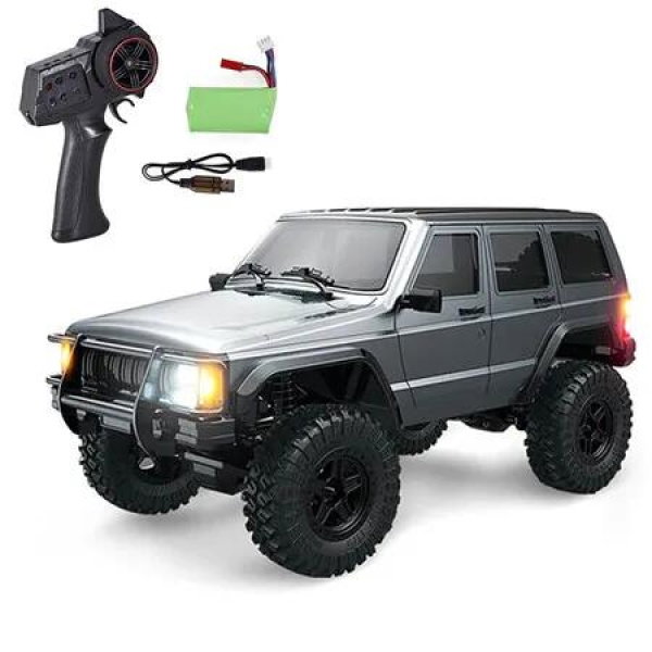 1/18 Scale Remote Control Crawler All Terrain 370 Motor Proportional Throttle Steering Upgraded Chassis 3 Speeds Lighting System Hobby Model for Kids(Grey)