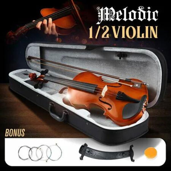 1/2 Acoustic Violin Kit 4 Strings Natural Varnish Finish w Case Bow Rosin Melodic