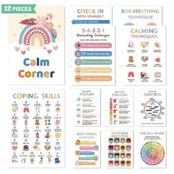 12 Calming Corner Posters Classroom Feelings Chart Mental Health Posters, Classroom Educational Poster Emotions Chart Coping Skills, Preschool Classroom