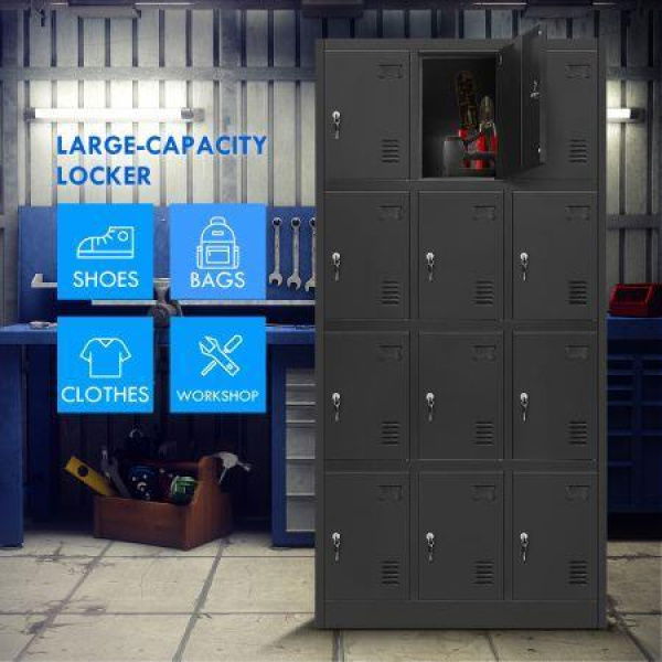 12-Door Big Capacity Safe Steel Locker Storage Cabinet With Label Slot For Home School Lab Gym Garage.