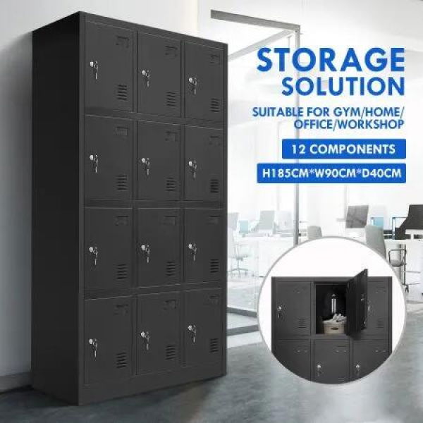 12 Doors Steel Locker Gym Office School Stationary Storage Cabinet Black