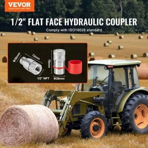 1/2' Flat Face Hydraulic Couplers 3/4 SAE Skid Steer Couplers 2 Dust Caps