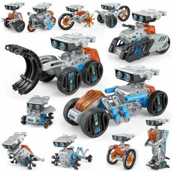 12 in 1 Solar Robot Kit Toys 202 Pieces DIY STEM Building Science Learning Educational Experiment Kit Solar and Cell Powered, Gift for Boys Girls(Orange)