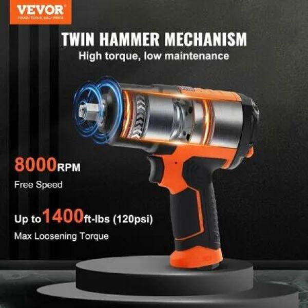 1/2-Inch Air Impact Wrench High Torque Up to 1400 ft-lbs Lightweight 4.6 lb Design Pneumatic Impact Gun with 11-PCS 1/2-Inch Drive CR-V Steel Impact