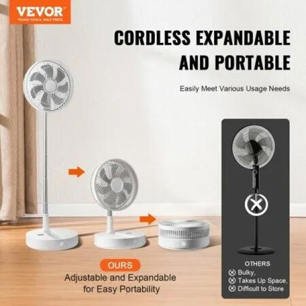 12 Inch Foldable Oscillating Standing Fan with Remote Control 4 Speed Adjustable Portable Desk Quiet Fan 7200mah Rechargeable USB Small Fan Folded Rotating