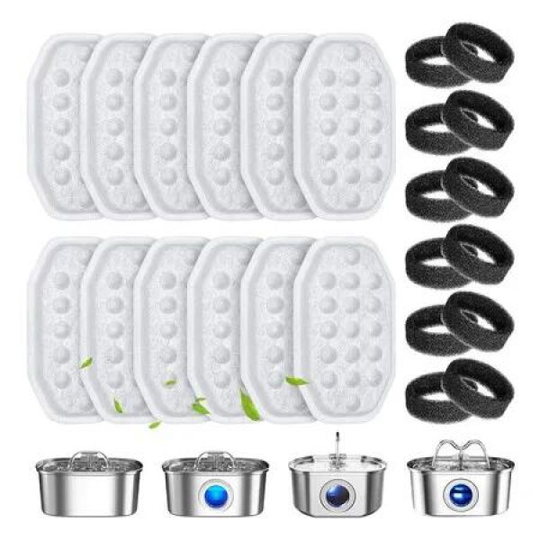 12 Pack Cat Water Fountain Replacement Filters and Filter Sponges for 108oz/3.2L Stainless Steel Pet Water Fountain