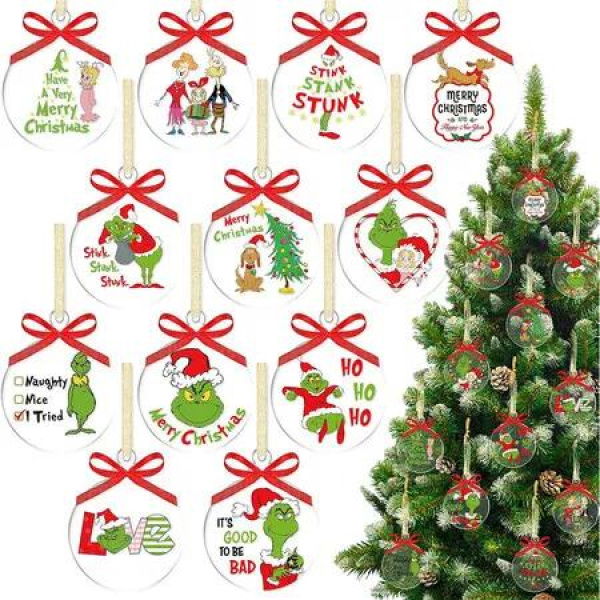 12 Pack Round Clear Acrylic Christmas Ornaments, Green Gnome Decorations for Hanging on Tree and Party Favors