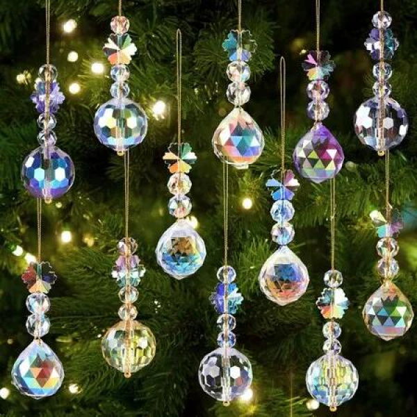 12 PCS Christmas Crystal Ball Decorations Iridescent Tree Hanging Acrylic Ornaments Xmas Mini Prism Glass Ball Decor for Christmas