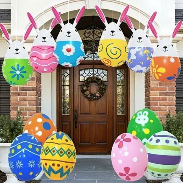 12 PCS Large PVC Blow Up Bunny Eggs Easter Egg Inflatables Outdoor Decorations Indoor Outdoor Lawn Garden Party Holiday Display Easter Gift COL Colorful