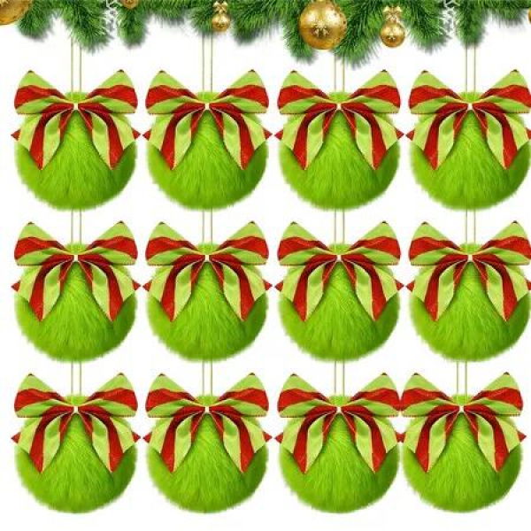 12 Pcs Lime Green Furry Christmas Ball Ornaments Xmas Green Furry Ornaments Christmas Ball Hanging Decorations Tree Decorations for Tree Party Gifts