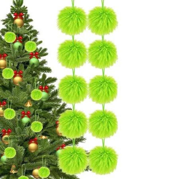 12 Pcs Lime Green Furry Christmas Balls Ornaments, 2.4 Inch Hanging Furry Christmas Hanging Decorations Soft Faux Fur Pom Pom Ball Ornaments