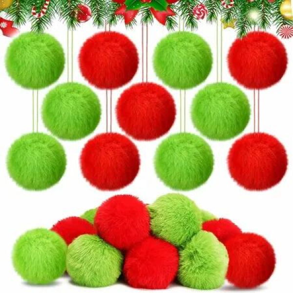 12 Pcs Red and Green Furry Christmas Ball Ornaments for Tree Red and Green Christmas Hanging Decorations