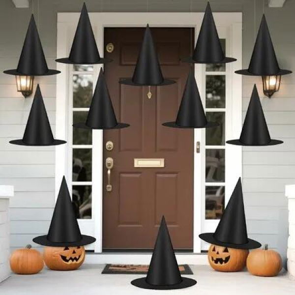 12 PCS Witch Hats,Thickened Hanging Witches Hat Halloween Decor,Black Wizard Hat with 32M Rope Witches Hats to Hang from Ceiling