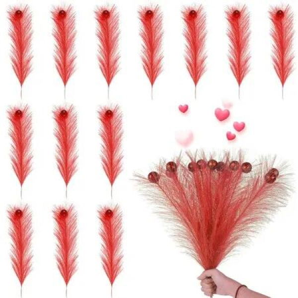 12 Piece Pack of Red Pampas Grass Curly Christmas Trees Branch Decoration Ideal For Valentine's Day Weddings And Christmas Decorations