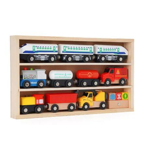 12 Piece Wooden Train Set with Magnetic Couplings Hand Push Cart Compatible with Major Brands for Parties Christmas Gift