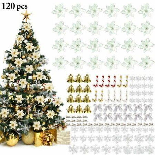 120 pcs Christmas Tree Decoration Pendants, Christmas Decoration, Christmas Flowers Artificial for Christmas Tree, Wedding Ornaments,(Silver)
