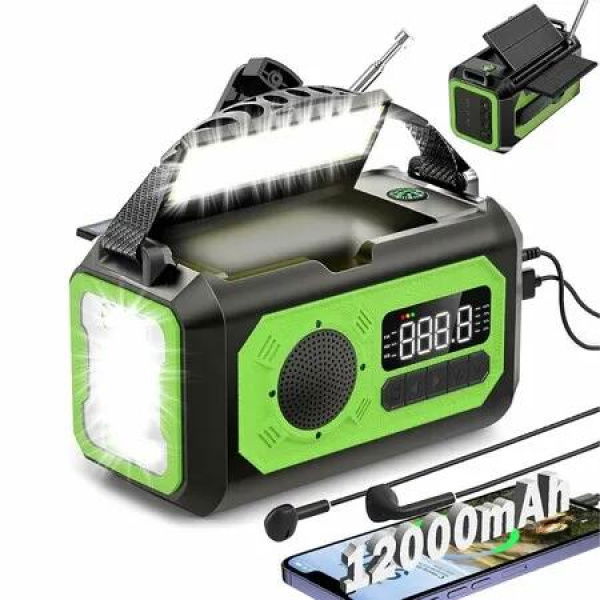 12000mAh Emergency Hand Crank Portable Solar Radio AM FM NOAA Weather Radio with 2 Solar Panels,SOS Alarm,Flashlight,Phone Charger,Compass,Green
