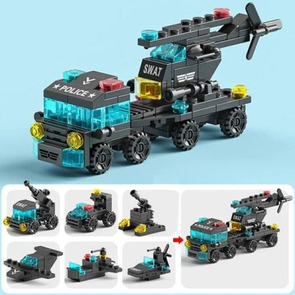 123 Pcs 6-in-1 Police Car Model Building Bricks Tiger SWAT Truck Blocks Kits Educational Toys For Kids Aged 6+