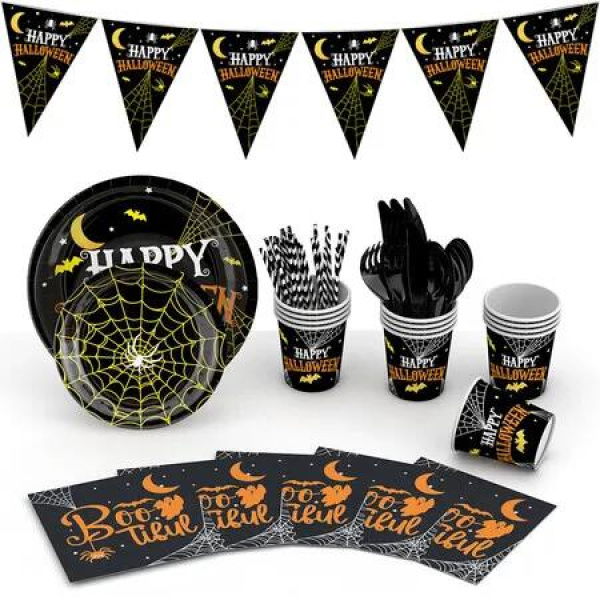 129 Piece Black Themed Halloween Party Tableware Kit Disposable Paper Plates and Napkins with Pumpkin Ghost Decor