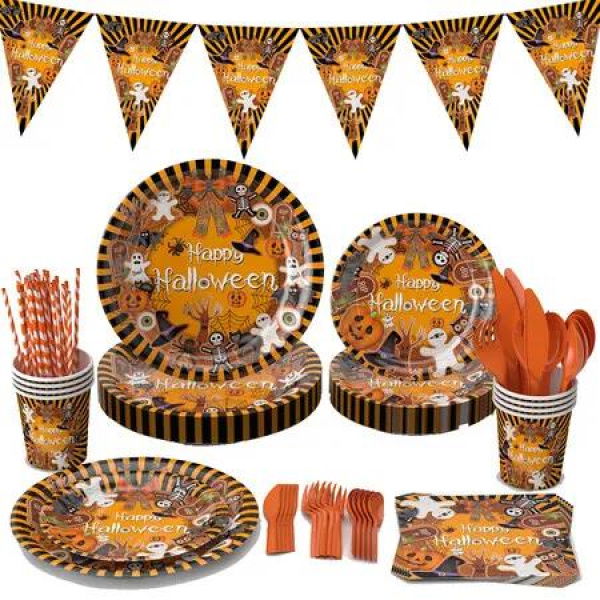 129 Piece Halloween Party Tableware Kit Disposable Paper Plates and Napkins with Pumpkin Ghost Decor Orange Theme