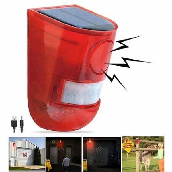 129db Security Siren Solar Sound & Light Alarm with Motion Sensor,Light for Protection of home,farm,villa,yard,barn