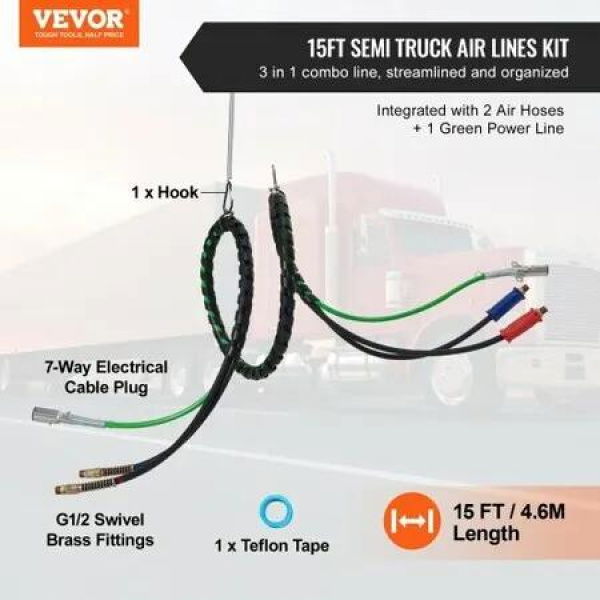 12FT Semi Truck Air Lines Kit, 3-in-1 Air Hoses & ABS Power Line for Semi Truck Trailer Tractor, 7-Way Plug Electrical Cord Cable and Rubber Air Lines Hose Assembly Kit with Hook & Teflon Tape